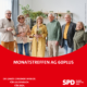 Gruppenbild mit älteren Menschen. Im Vordergrund grafisch abgesetzt auf rotem Intergrund "Monatstreffen AG 60plus"