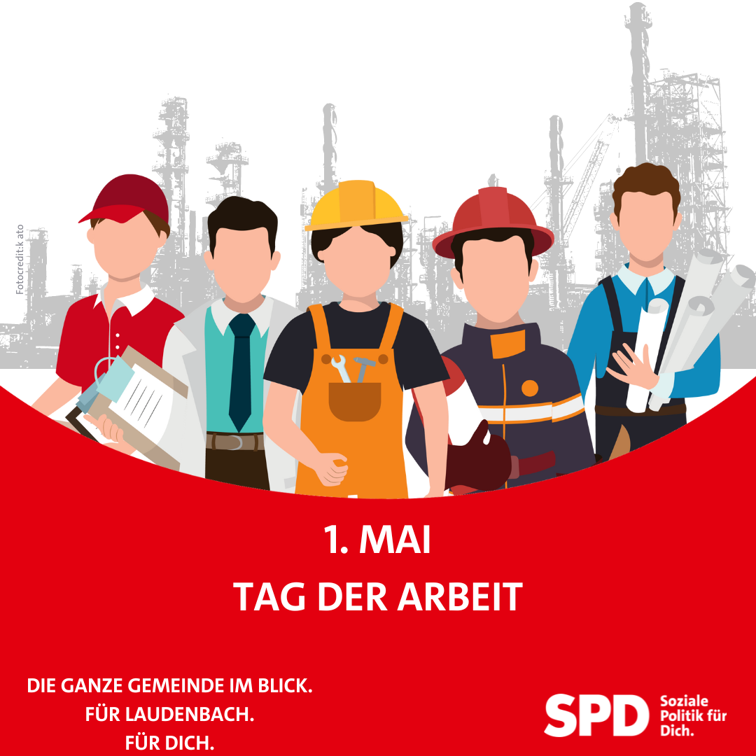 Gezeichnete Menschen aus verschiedenen Berufen. Sharepic für den 1. Mai.